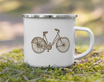 Retro Bicycle Enamel Mug, Perfect Gift for Cyclist, Bike Enthusiast, Coffee Lover, Tea Drinker, Minimalist Vintage Design in white and brown