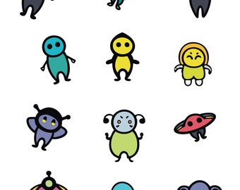 Cute Kawaii Space Explorer Characters clipart INSTANT download. Vector PDF + PNG files w/ transparent background. Aliens, astronauts + ships