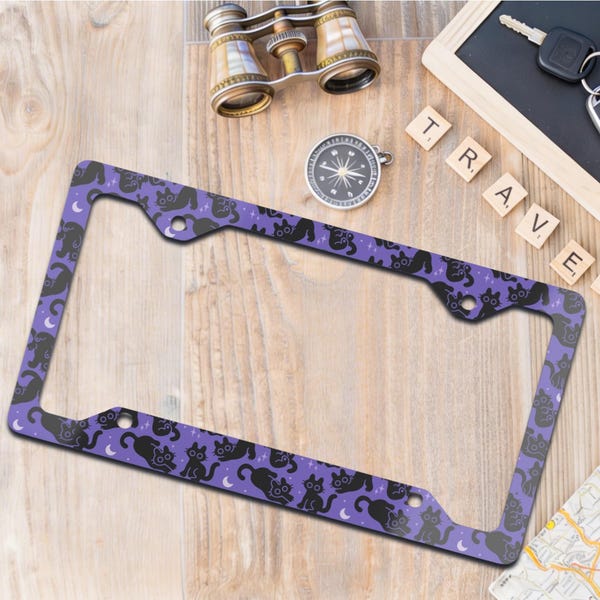 Black Cat License Plate Frame Witchy Gift Purple Moon Aesthetic Metal Car Accessory for Cat Lovers, Pastel Goth Car Plate Aesthetic Gift