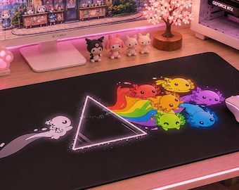 Axolotl Prism Mousepad, Anime Dark Desk Mat, Aesthetic Gaming or Office Setup, Kids Room Decor
