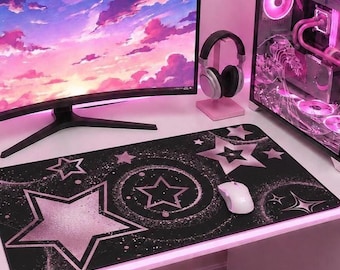 Pink Star Mousepad, Dark Aesthetic Desk Mat, Kawaii Grunge Mouse Pad, Gamer Girl Desk Setup, Pink Black Desk Decor, Cute Goth Accessories