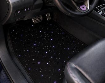 Black Starry Car Floor Mats Set, 2 Front Mats with Purple Galaxy Stars, Minimalist Cosmic Auto Accessories, Dark Decor