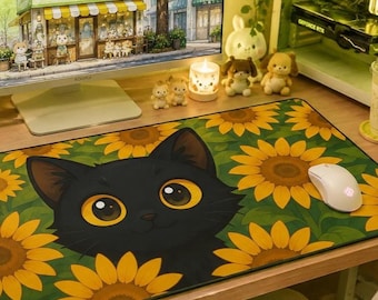 Black Cat Mousepad, Sunflowers Desk Mat, Cat Mom Office Decor, Aesthetic Gamer Girl Setup