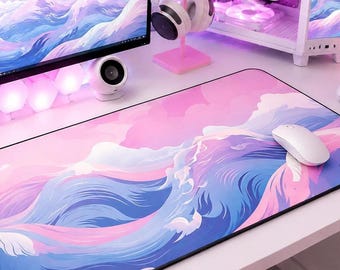 Pink Ocean Waves Desk Mat, Large Gaming Mousepad for Gamers Girls, Anime Lover Gift, Pastel Aesthetic Setup