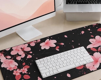 Sakura Schreibtischunterlage, Kirschblüten-Mauspad, elegante florale Bürodekoration, großes schwarzes Mauspad
