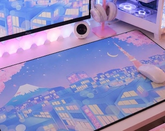 Pastel Tokyo Night Mousepad, Japan Lover Mat, Aesthetic Gaming Setup, Yume Kawaii Room Decor