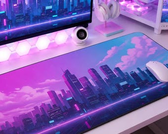 Cyberpunk Gaming Mouse Pad XXL, Vaporwave Desk Mat, Neon City Gamer Setup, RGB Aesthetic Mousepad