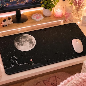 Cat and Moon Mouse Pad, Starry Night Gaming Setup for Gamers Girl image 1