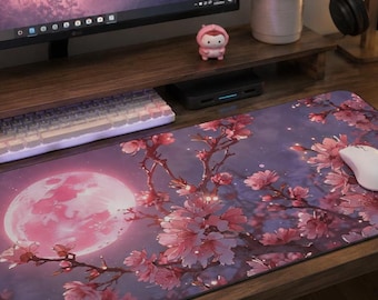 Cherry Blossom Mousepad, Sakura Moon Desk Mat, Pink Aesthetic Gaming Pad, Japanese Style Setup, Kawaii Desk Decor