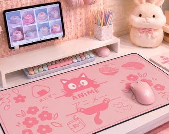 Kawaii Pink Anime Cat Mouse Pad Large Desk Mat, Sakura Gaming Mousepad Minimalist Desk Setup Gift for Gamers Girls Anime and Cat Lover Gift