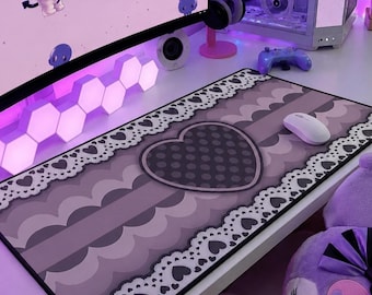 Purple Heart Desk Mat, Elegant Pastel Goth Gaming Setup, Yami Kawaii Room Decor