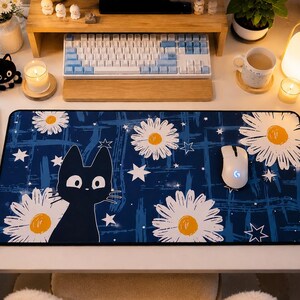 Black Cat Desk Mat, Kawaii Anime Mousepad, Aesthetic Blue Gaming Setup