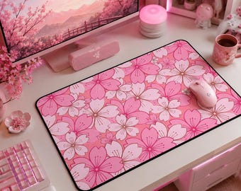 Pink Sakura Desk Mat, Kawaii Gaming Mousepad, Japanese Floral Desk Decor, Aesthetic Pink Setup