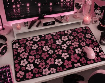 Sakura Desk Mat, Japanese Floral Mouse Pad, Kawaii Gaming Setup, Pink and Black Room Decor