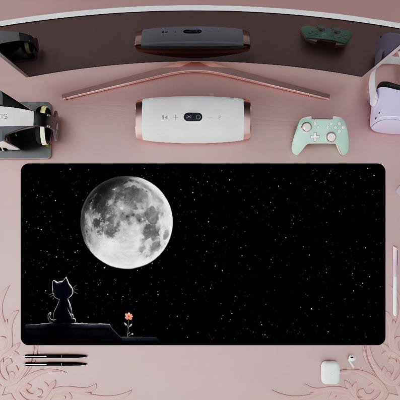 Cat and Moon Mouse Pad, Starry Night Gaming Setup for Gamers Girl image 10