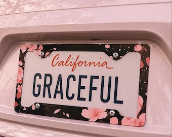 Black Sakura Floral License Plate Frame, Pastel Goth Car Accessory for Anime & Aesthetic Lovers Girly License Plate Frame Sakura Lovers Gift