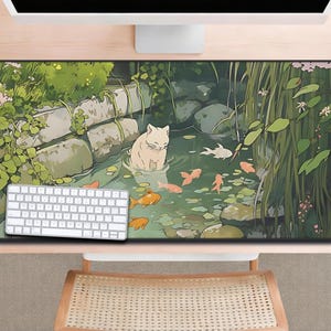 Cat Koi Pond Mousepad, Nature Aesthetic Desk Mat, Japanese Style Desk Decor, Cozy Desk Setup, Anime Inspired Mouse Pad, Green Zen Workspace