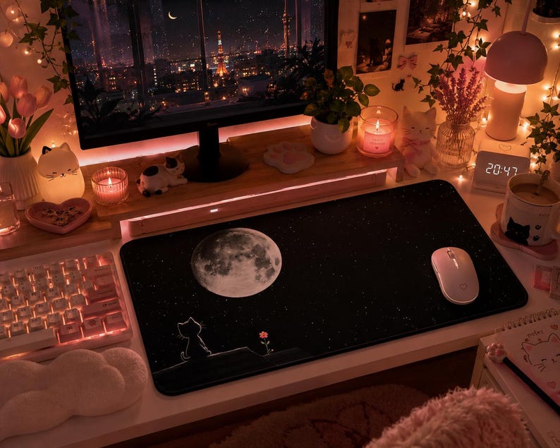 May include: A rectangular black desk mat featuring a large white full moon and a small silhouette of a cat sitting on a ledge looking at a single flower. The mat has a starry night sky pattern and is positioned on a desk with a computer mouse.