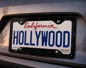 Galaxy Star License Plate Frame, Black Metal Car Tag Holder with Purple Stars, Cosmic Auto Accessory, Universal Fit