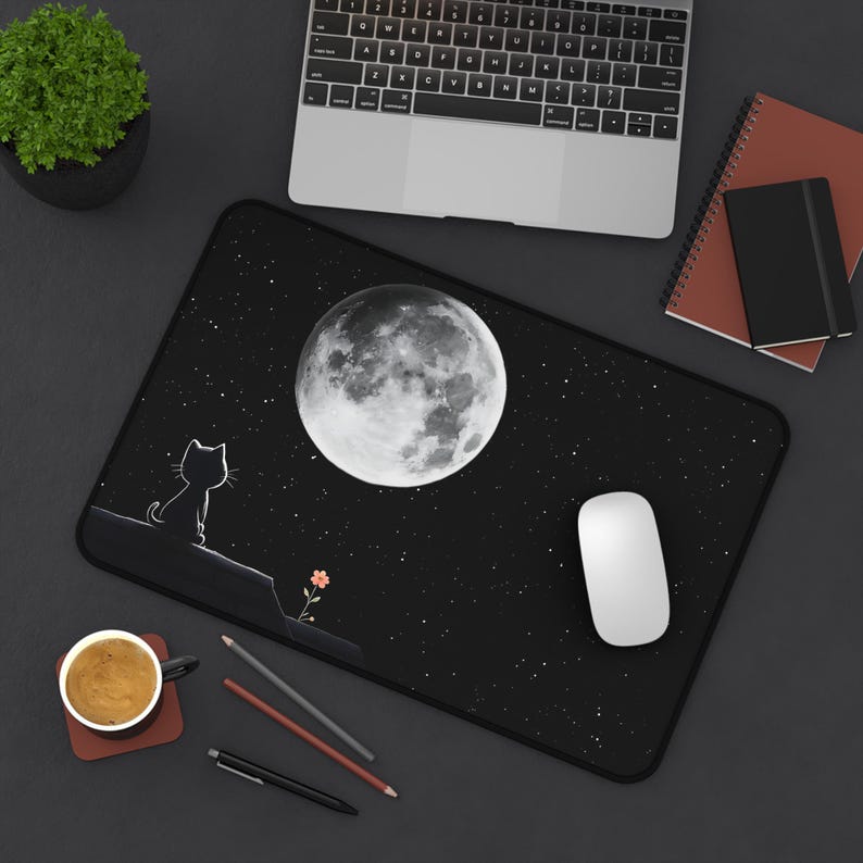 Cat and Moon Mouse Pad, Starry Night Gaming Setup for Gamers Girl image 4