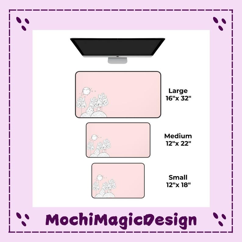 May include: Three rectangular desk mats in light pink with a black line art illustration of trees and a moon in the bottom left corner. The sizes are labeled as Large 16" x 32", Medium 12" x 22", and Small 12" x 18". The text MochiMagicDesign is at the bottom.