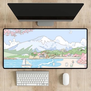Kawaii Bunny Bay Schreibtischmatte Anime Liebhaber Geschenk Süßes Pastell Rosa Mauspad Japanischer Mount Fuji Mousepad Kawaii Japan Schreibtisch Büro Dekoration