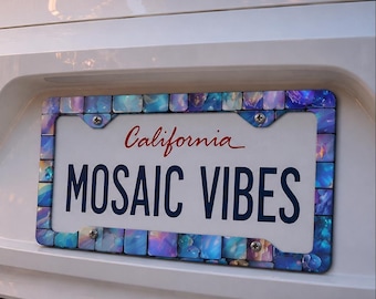 Mosaic License Plate Frame, Aesthetic Car Accessory, Blue Gemstone Car Tag Holder