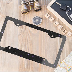 Galaxy Star License Plate Frame, Black Metal Car Tag Holder with Purple Stars, Cosmic Auto Accessory, Universal Fit