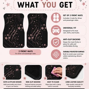 May include: A set of two black car floor mats featuring a rose gold star and swirl pattern. The graphic includes text detailing features like universal fit, anti-slip backing, and a durable polyester surface, alongside icons for car interior accessories.