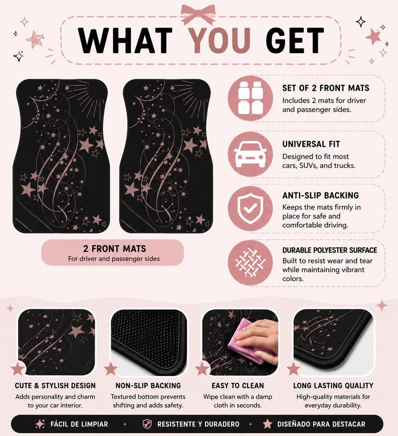 May include: A set of two black car floor mats featuring a rose gold star and swirl pattern. The graphic includes text detailing features like universal fit, anti-slip backing, and a durable polyester surface, alongside icons for car interior accessories.