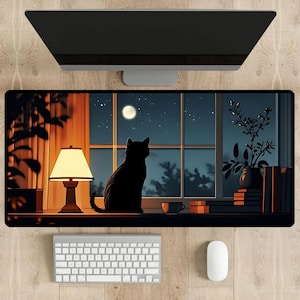 Katzen Mauspad Schwarze Katze Schreibtischmatte Katzenliebhaber Geschenk Katzenmama Mauspad Geschenk für Katzenliebhaber Mädchen Kawaii Geschenk Schwarze Katze Schreibtischdekoration Mond Katzenpad