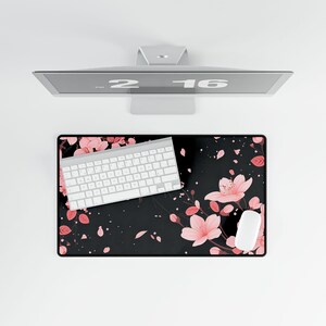 桜柄デスクマット、桜柄マウスパッド、花柄のエレガントなオフィス装飾、黒色の大型マウスパッド 画像 8