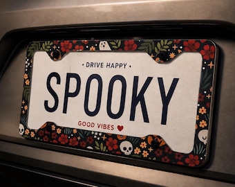 Gothic Floral Skull License Plate Frame, Spooky Cute Ghost and Flower Car Decor, Halloween Aesthetic Tag Holder