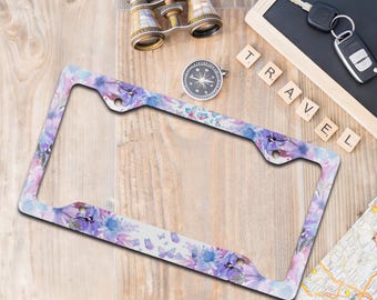 Butterfly Floral License Plate Frame, Purple Aesthetic Car Accessories for Women, Cute Pastel Car Decor, Girly Auto Frame, Gift for Her
