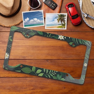 Tropical Leaves License Plate Frame Botanical Floral Metal Car Accessory for Nature Lovers Eco Vibe Style Cottagecore Gift