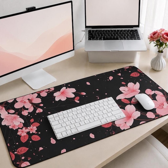 Sakura Desk Mat, Cherry Blossom Mousepad, Floral Elegant Office Decor, Black Large Mouse Pad