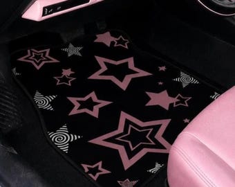 Pink Star Car Mats, Kawaii Black & Pink Cute Car Accessories for Girls