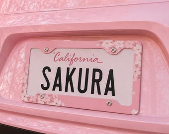 Cherry Blossom License Plate Frame, Pink Floral Car Decor for Women, Sakura License Plate Holder