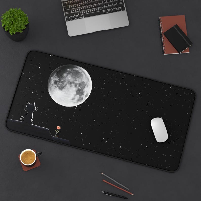 Cat and Moon Mouse Pad, Starry Night Gaming Setup for Gamers Girl image 6