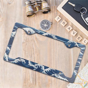 Ocean Wave License Plate Frame Japanese Wave Art Car Accessory Otaku Gift Coastal Aesthetic Blue License Plate Holder Beach Lover Car Gift