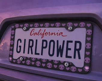 Pastel Goth Metal License, Kawaii Heart & Skull Car Accessory for Girls, Purple Aesthetic Decor