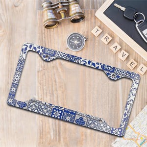 Blue Azulejo Tile License Metal Plate Frame Mediterranean Car Decor Customizable Portuguese Tile Gift Santorini Aesthetic Car Lover Gift