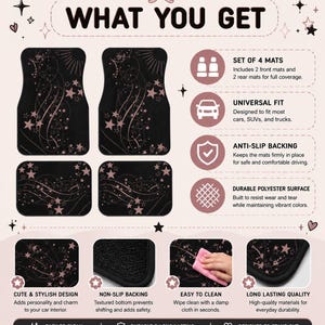 May include: A set of four black car floor mats featuring a rose gold star and swirl pattern. The graphic includes text stating WHAT YOU GET, SET OF 4 MATS, UNIVERSAL FIT, ANTI-SLIP BACKING, DURABLE POLYESTER SURFACE, CUTE & STYLISH DESIGN, and EASY TO CLEAN.