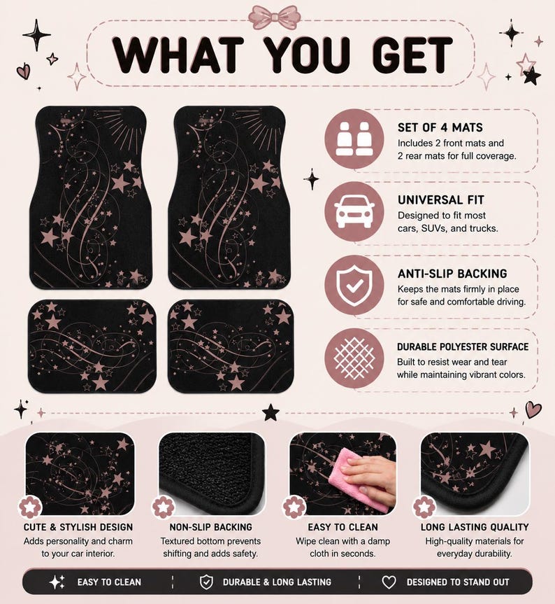 May include: A set of four black car floor mats featuring a rose gold star and swirl pattern. The graphic includes text stating WHAT YOU GET, SET OF 4 MATS, UNIVERSAL FIT, ANTI-SLIP BACKING, DURABLE POLYESTER SURFACE, CUTE & STYLISH DESIGN, and EASY TO CLEAN.
