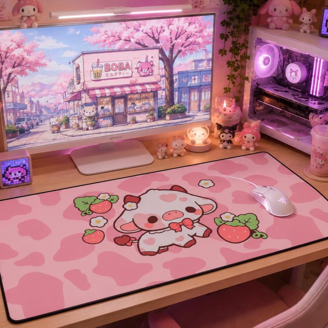 Kawaii Strawberry Cow Desk Mat, Pastel Lover Setup, Pink Gaming Mouse ...