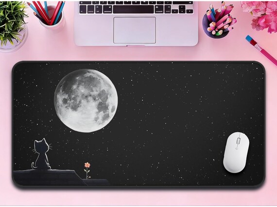 Cat and Moon Mouse Pad Starry Night Desk Mat Aesthetic Space Gaming Pad for Cat Lovers and Minimalist Desk Setup Gift for Gamers Girl