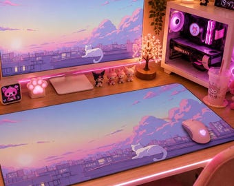 Vaporwave Cat Mousepad, Lofi Aesthetic Setup, Chill Sunset Vibes for Pastel Lovers Girls, Cat Mom Decor