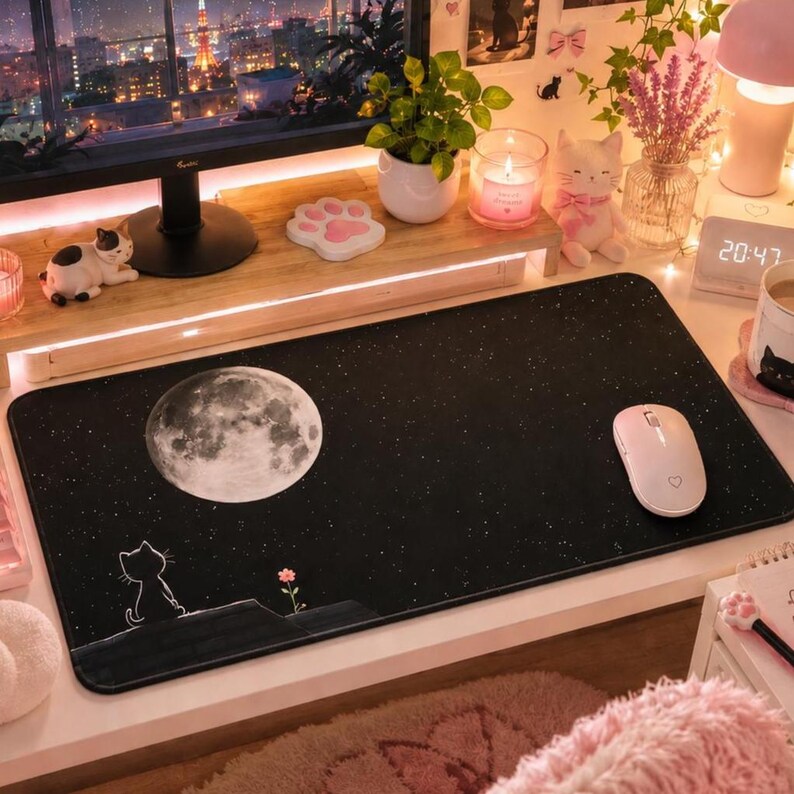 Cat and Moon Mouse Pad, Starry Night Gaming Setup for Gamers Girl image 1