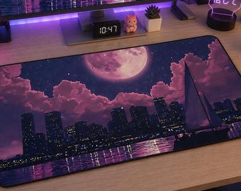 Vaporwave Desk Mat, Pink Night City Mouse Pad, Aesthetic Gaming Setup