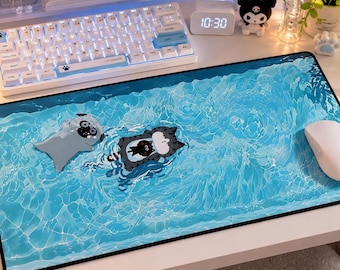 Kawaii Pets Mousepad, Cat and Pug Pool Mouse Pad, Summer Desk Mat, Aesthetic Gamer Setup